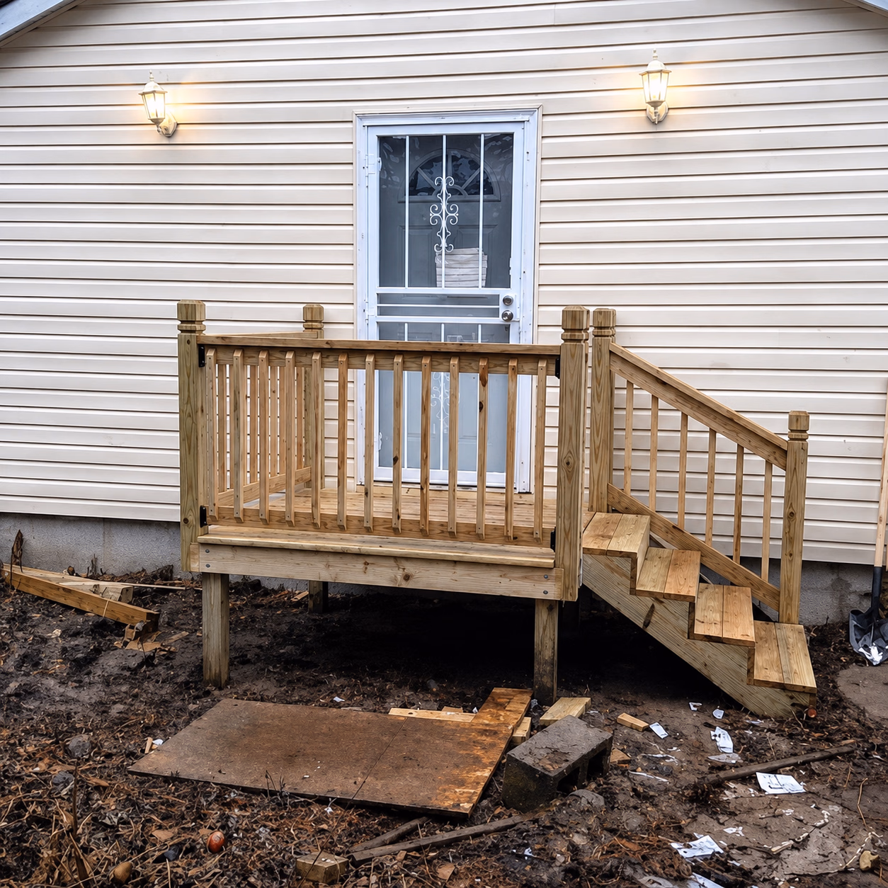 Small newly built wooden deck with stairs leading to a white door on a beige siding house.
